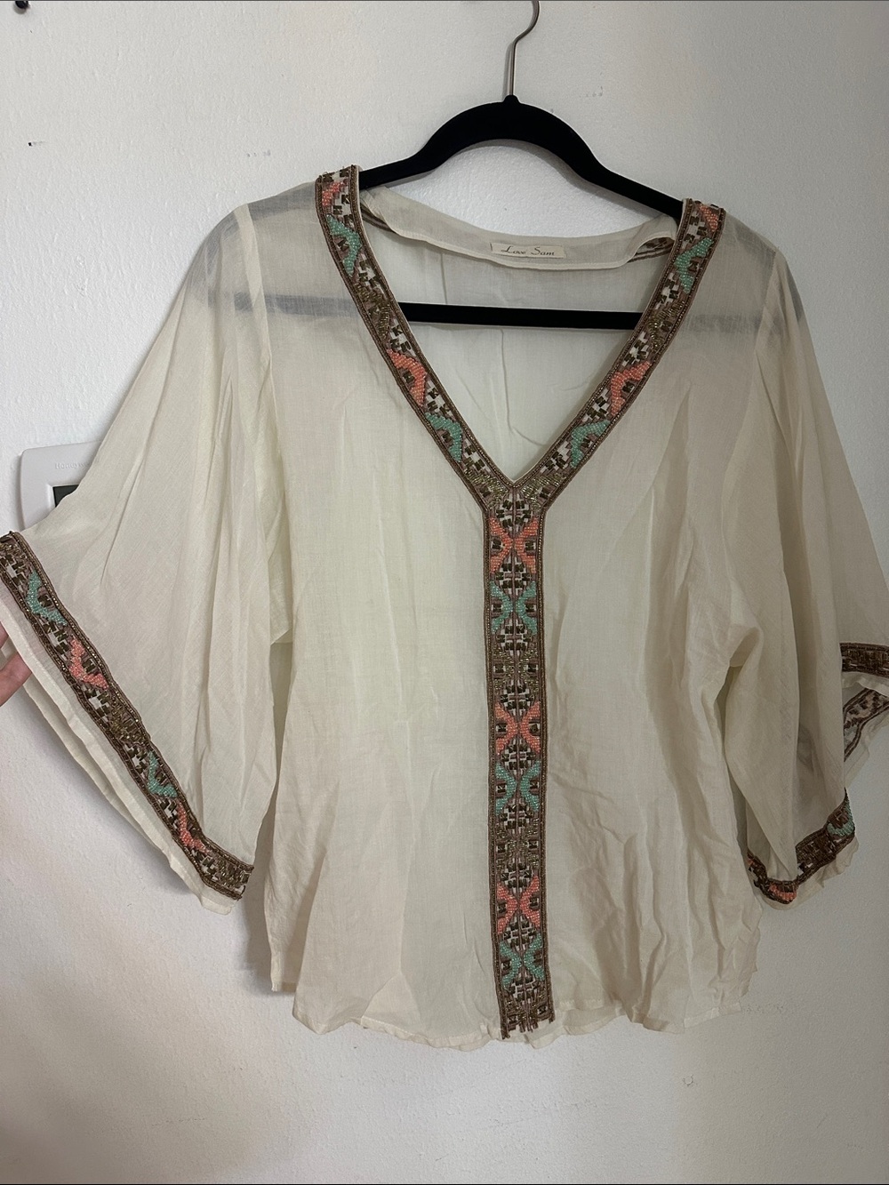 Love Sam Cream Sheer Tunic with Coral & Mint Embroidered Trim